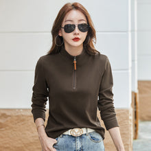 Load image into Gallery viewer, Stand up collar half zipper long sleeved women's T-shirt