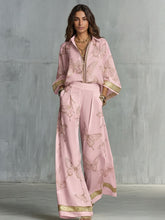 Load image into Gallery viewer, Style Women's Retro Printed Sexy Deep V Neck Loose Zipper Top with Wide Leg Pants Two-Piece Set