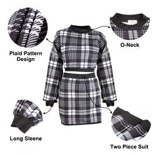 Load image into Gallery viewer, Women's Tracksuit Elegant Office Two Piece Set Plaid Sweater Outfit Long Sleeve Crop Top And Skirt Sets Sexy Fashion Dress Set