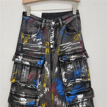 Load image into Gallery viewer, Spray painted graffiti multi pocket workwear straight leg jeans for women