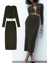 Load image into Gallery viewer, 2 Pieces Rib Knit Lace Up Slim Knitted Skirt Set