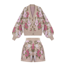 Load image into Gallery viewer, Ins Fashion Floral Jacquard Knitted Cardigan Top+High Waist Shorts Two Piece Sets for Women Autumn Winter Clothes