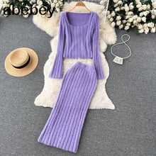 Load image into Gallery viewer, Women Gentle Knitted Two Pieces Suits Soft Sweater Short Top+High Waist Midi Long Skirt Suits Elastic Slim Winter Sets