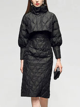 Load image into Gallery viewer, Solid Two Piece Sets For Women Stand Collar Lantern Sleeve Parka O Neck Sleeveless High Waist Dress Chic Set Female
