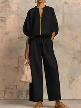 Cargar imagen en el visor de la galería, Women's Casual Loose Solid Color Zipper Round Neck Wide Leg Pants Set