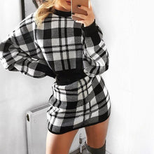 Load image into Gallery viewer, Women's Tracksuit Elegant Office Two Piece Set Plaid Sweater Outfit Long Sleeve Crop Top And Skirt Sets Sexy Fashion Dress Set