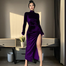 Load image into Gallery viewer, High Neck Long Velvet Dress with Pleats and Slit Fitted SilhouetteAutumn/Winter Fashion