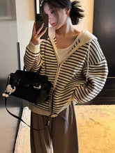 Load image into Gallery viewer, Women's Striped Apricot Knit Drawstring Hooded Loose Cardigan