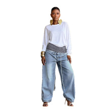 Load image into Gallery viewer, Washed Distressed Ribbed Elastic Waist Wide Leg Jeans