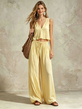 Load image into Gallery viewer, V-neck solid color sleeveless camisole top wide leg pants set