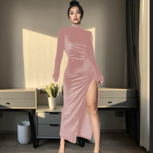 Load image into Gallery viewer, High Neck Long Velvet Dress with Pleats and Slit Fitted SilhouetteAutumn/Winter Fashion