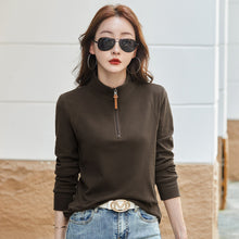 Load image into Gallery viewer, Stand up collar half zipper long sleeved women's T-shirt
