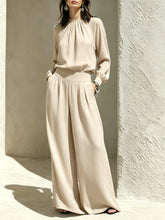 Load image into Gallery viewer, Casual Solid Color Long Sleeve Stand-up Collar Loose Fit Women's Fashion Set BlouseWide-leg Pants
