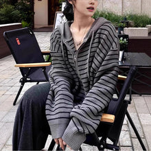 Load image into Gallery viewer, Women's Striped Apricot Knit Drawstring Hooded Loose Cardigan