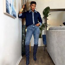 Load image into Gallery viewer, Fashion Patchwork Faux Two-Piece Denim Shirt Collar Metal Button Sweater