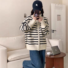Load image into Gallery viewer, Women's Casual Loose Knitted Zippered Stripe Cardigan Sweater