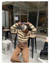Load image into Gallery viewer, Striped Open Front Crew Neck Cropped Slimming Knit Sweater Jacket