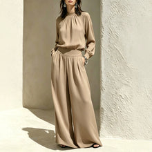 Load image into Gallery viewer, Casual Solid Color Long Sleeve Stand-up Collar Loose Fit Women's Fashion Set BlouseWide-leg Pants