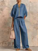 Cargar imagen en el visor de la galería, Women's Casual Loose Solid Color Zipper Round Neck Wide Leg Pants Set