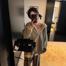 Load image into Gallery viewer, Women's Striped Apricot Knit Drawstring Hooded Loose Cardigan