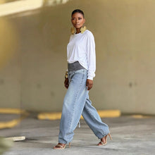 Load image into Gallery viewer, Washed Distressed Ribbed Elastic Waist Wide Leg Jeans