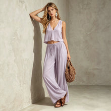 Load image into Gallery viewer, V-neck solid color sleeveless camisole top wide leg pants set