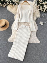 Load image into Gallery viewer, Women Gentle Knitted Two Pieces Suits Soft Sweater Short Top+High Waist Midi Long Skirt Suits Elastic Slim Winter Sets