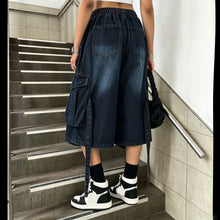 Cargar imagen en el visor de la galería, Workwear Denim Pants with Washed Finish Elastic Drawstring Waist Casual Style Bottoms