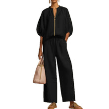 Cargar imagen en el visor de la galería, Women's Casual Loose Solid Color Zipper Round Neck Wide Leg Pants Set