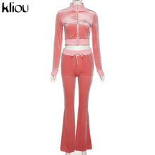 Lade das Bild in den Galerie-Viewer, Kliou Solid Velour Two Piece Set Women Simple Casual Zipper Long Sleeve Turtleneck Top+Bandage Lace Slim Female Wide Leg Pants