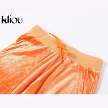 Load image into Gallery viewer, Kliou Solid Velour Two Piece Set Women Simple Casual Zipper Long Sleeve Turtleneck Top+Bandage Lace Slim Female Wide Leg Pants
