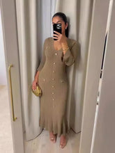 Charger l'image dans la galerie, Temperament V-neck Slim Button Down Solid Color Knitted Long Sleeved Dress