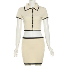 Lade das Bild in den Galerie-Viewer, Elegant Polo Neck Button Shorts Crop Tops+Matching Stretch Mini Skirt