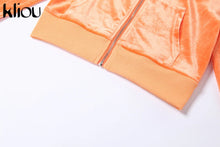 Lade das Bild in den Galerie-Viewer, Kliou Solid Velour Two Piece Set Women Simple Casual Zipper Long Sleeve Turtleneck Top+Bandage Lace Slim Female Wide Leg Pants