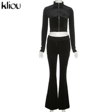 Lade das Bild in den Galerie-Viewer, Kliou Solid Velour Two Piece Set Women Simple Casual Zipper Long Sleeve Turtleneck Top+Bandage Lace Slim Female Wide Leg Pants