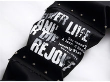 Load image into Gallery viewer, Men's Scotland Red Plaid Tartan Patchwork Jeans Punk Rivet Patch Black Denim Pants Skull Letters Printed Slim Straight Trousers