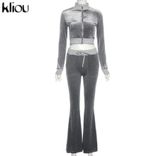 Lade das Bild in den Galerie-Viewer, Kliou Solid Velour Two Piece Set Women Simple Casual Zipper Long Sleeve Turtleneck Top+Bandage Lace Slim Female Wide Leg Pants