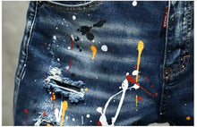 Load image into Gallery viewer, Men Summer Blue Shorts Jeans Holes Denim Shorts Paint Casual Streetwear Jeasn Shorts High Quality Men Slim Fit Stretch Jeans 38