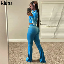 Lade das Bild in den Galerie-Viewer, Kliou Solid Velour Two Piece Set Women Simple Casual Zipper Long Sleeve Turtleneck Top+Bandage Lace Slim Female Wide Leg Pants