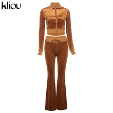 Lade das Bild in den Galerie-Viewer, Kliou Solid Velour Two Piece Set Women Simple Casual Zipper Long Sleeve Turtleneck Top+Bandage Lace Slim Female Wide Leg Pants