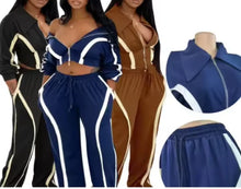 Load image into Gallery viewer, Color Patchwork Zip Full Sleeve Crop Top Dawstring Pants Suits