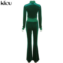 Lade das Bild in den Galerie-Viewer, Kliou Solid Velour Two Piece Set Women Simple Casual Zipper Long Sleeve Turtleneck Top+Bandage Lace Slim Female Wide Leg Pants