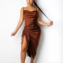 Lade das Bild in den Galerie-Viewer, Ruched Satin Drawstring Spaghetti Straps Cowl Neck Backless Long Dresses