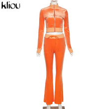 Lade das Bild in den Galerie-Viewer, Kliou Solid Velour Two Piece Set Women Simple Casual Zipper Long Sleeve Turtleneck Top+Bandage Lace Slim Female Wide Leg Pants