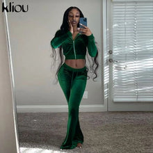Lade das Bild in den Galerie-Viewer, Kliou Solid Velour Two Piece Set Women Simple Casual Zipper Long Sleeve Turtleneck Top+Bandage Lace Slim Female Wide Leg Pants