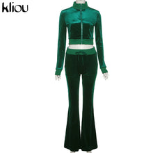 Lade das Bild in den Galerie-Viewer, Kliou Solid Velour Two Piece Set Women Simple Casual Zipper Long Sleeve Turtleneck Top+Bandage Lace Slim Female Wide Leg Pants