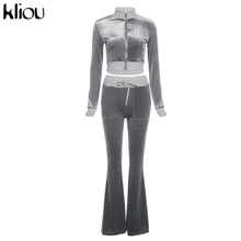 Lade das Bild in den Galerie-Viewer, Kliou Solid Velour Two Piece Set Women Simple Casual Zipper Long Sleeve Turtleneck Top+Bandage Lace Slim Female Wide Leg Pants