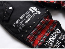Lade das Bild in den Galerie-Viewer, Men's Scotland Red Plaid Tartan Patchwork Jeans Punk Rivet Patch Black Denim Pants Skull Letters Printed Slim Straight Trousers