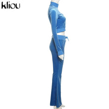 Lade das Bild in den Galerie-Viewer, Kliou Solid Velour Two Piece Set Women Simple Casual Zipper Long Sleeve Turtleneck Top+Bandage Lace Slim Female Wide Leg Pants