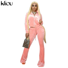 Lade das Bild in den Galerie-Viewer, Kliou Solid Velour Two Piece Set Women Simple Casual Zipper Long Sleeve Turtleneck Top+Bandage Lace Slim Female Wide Leg Pants